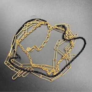 Gold Tone Paper Clip Multistrand Necklace Black Beads Layered